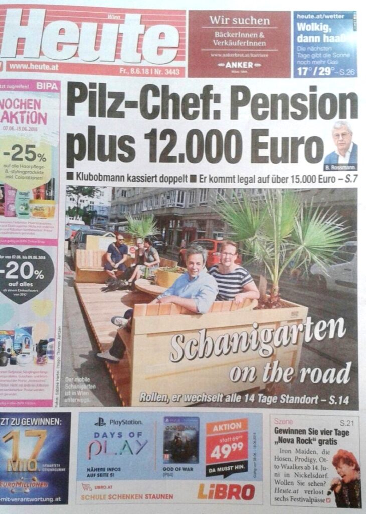 Der Wanderbare Schanigarten auf der Titelseite der Heute-Zeitung vom 8.6.2018 mit Thomas Kreuz, WauWau Pfeffermühlen, und Gudrun Kirchert, Agentur Stadtfein.