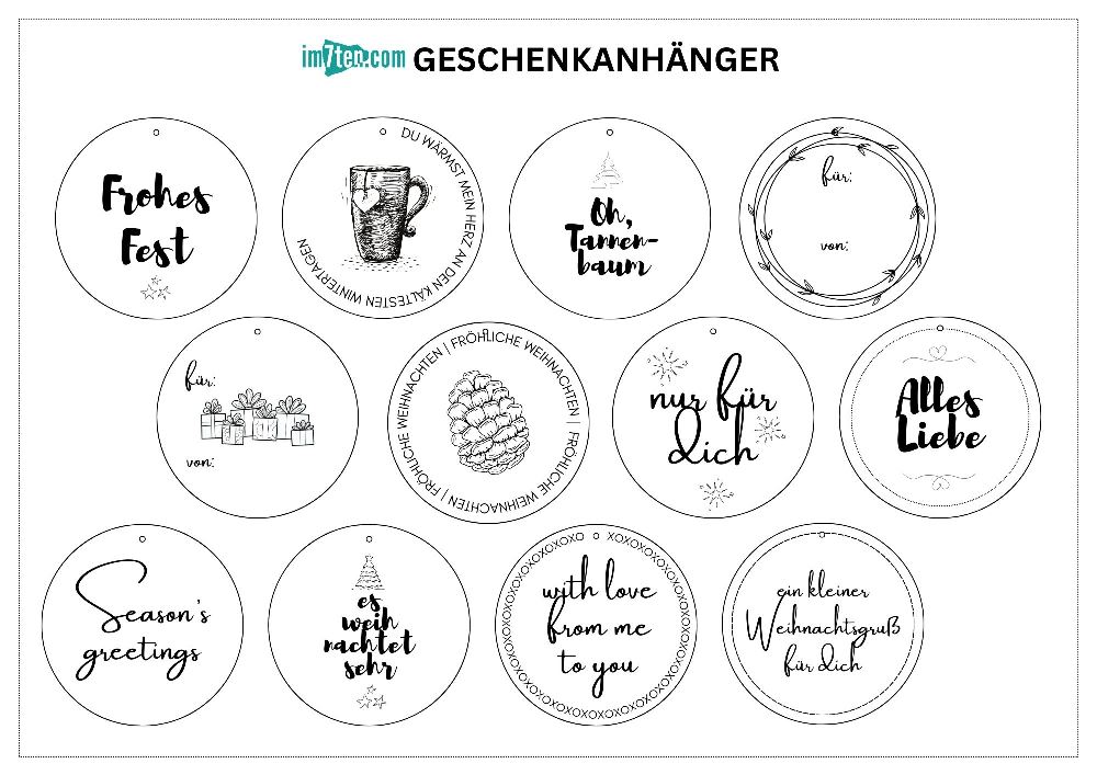 Zwölf runde Geschenkanhänger zum kostenlosen Herunterladen, Ausdrucken und Basteln.