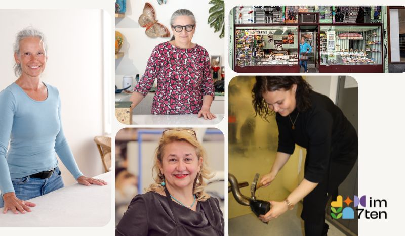 Weibliche Unternehmerinnen aus dem 7. Bezirk. Fotos (Brigitte Schlegel, DE MONTIS, Bonbons Neubaugasse: © Michaela Krauss-Boneau, Fotos Hauptsache und Gerlinger Schuhe & Orthopädie: bereitgestellt