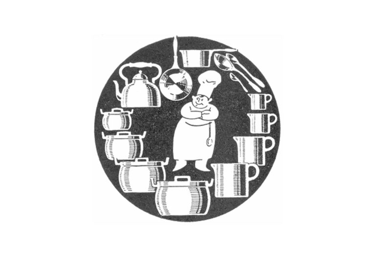 Das Logo von Geschirr Niessner aus der Kirchengasse 9A, 1070 Wien, zeigt eine Illustration eines Kochs, der von Töpfen, Kannen, Pfannen und Besteck umringt ist.