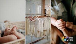 Collage mit Babyfüßen, heller Babykleidung auf Kleiderbügeln und einer kleinen Babyhand als Symbol für Geschenke zur Geburt im 7. Bezirk.