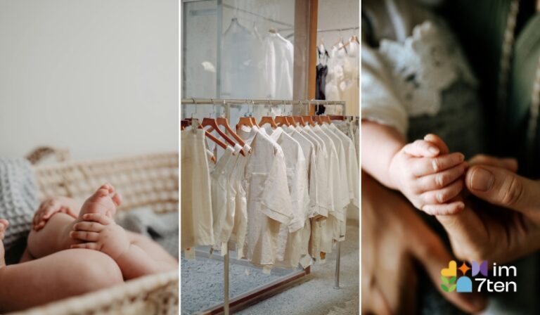Collage mit Babyfüßen, heller Babykleidung auf Kleiderbügeln und einer kleinen Babyhand als Symbol für Geschenke zur Geburt im 7. Bezirk.